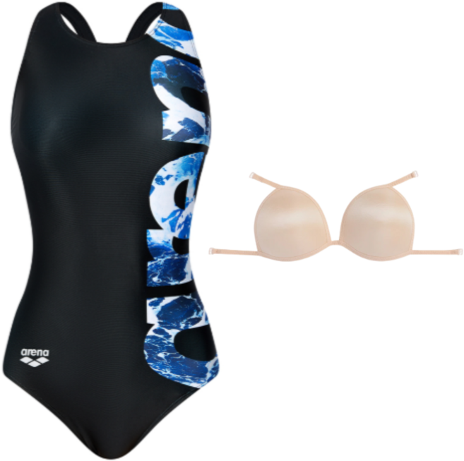 국내매장판 아레나 빅웨이브 원피스 레이서백 수영복 브라컵 세트 / 여자 수영 수영복 브라, 블랙