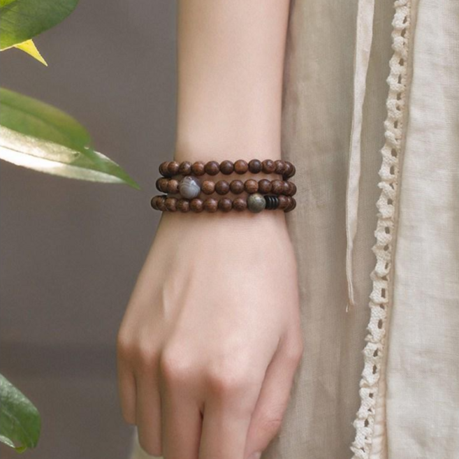 행운 안정 백단향 세줄 팔찌 명상 기도 팔찌