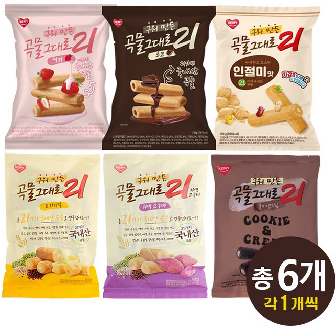 구워만든 곡물그대로 21 크리스피롤 6봉 혼합(오리지널1+인절미1+초코1+자색고구마1+쿠키앤크림1+딸기1), 6개, 150g
