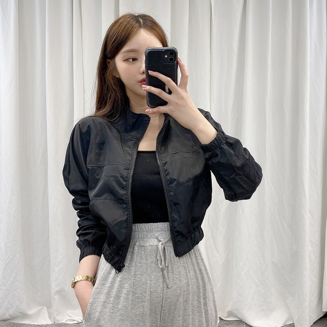 바나나2 여성 하이넥 집업 후드 베이직 크롭 바람막이 (2color)
