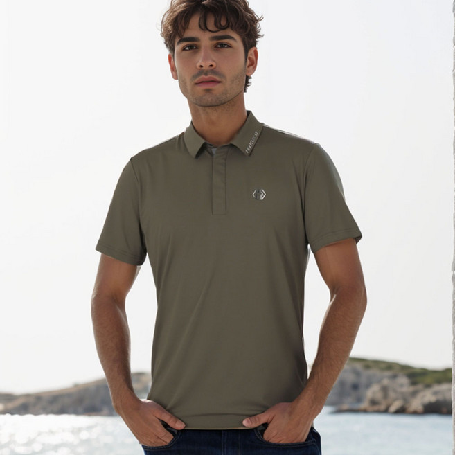 페르시안캣 남성 히든버튼 재원단 카라 스판 반팔티셔츠 카키, M(95), 1개