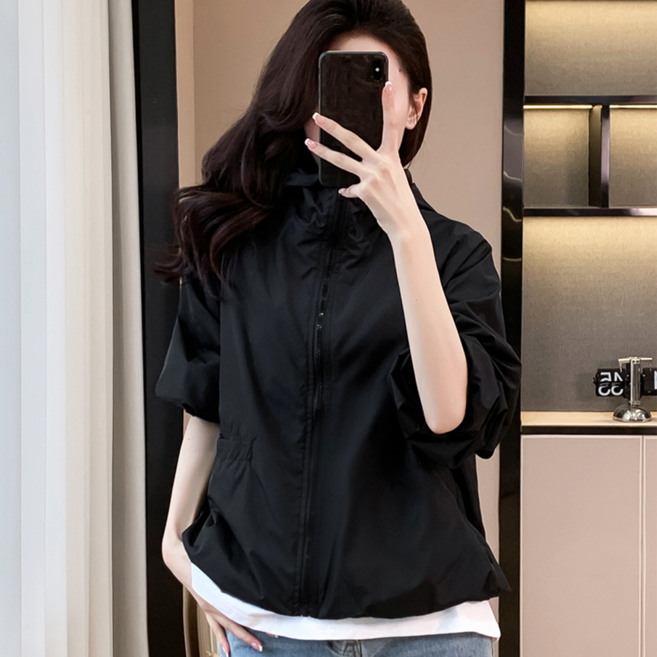 NUNUHANA 여성 루즈핏 자외선차단 얇은 후드 바람막이