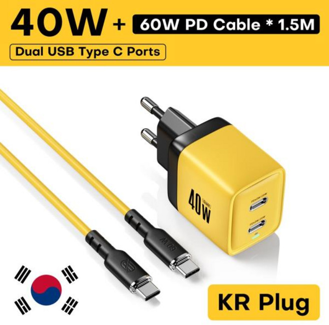 ASOMETECH 듀얼 USB C 타입 고속 충전기 40W GaN 충전기 QC4.0 PPS PD 휴대용 휴대폰 충전기 아이폰 16 삼, [04] KR Plug With Cable, 한개옵션1