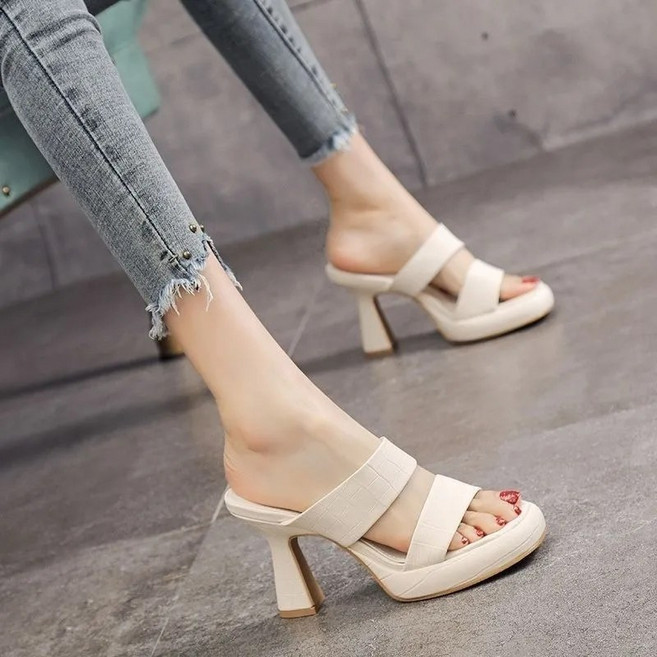 여름 여성용 통굽 가보시 하이힐 뮬 슬리퍼 심플 스틸레토 슬링백 샌들 슬립온9cm 2color