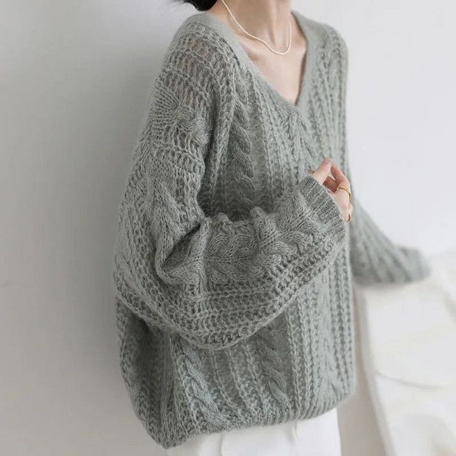 AOKADA 여성 봄 가을 브이넥 오버핏 꽈배기 니트