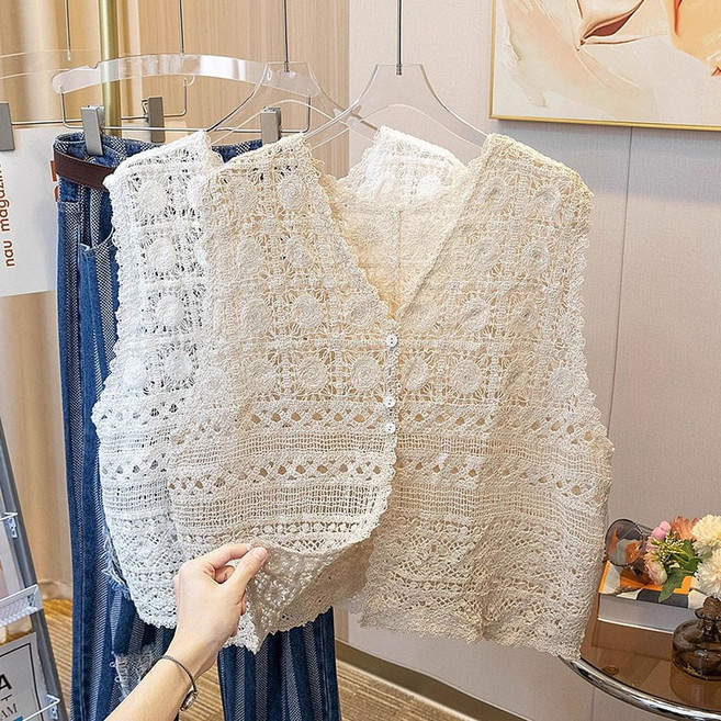 JUSTFEELING 여성 봄 여름 니트 조끼 캐주얼 브이넥 니트 베스트 빈티지 얇은 펀칭 플라워 니트 루즈핏 민소매 니트 조끼 베스트
