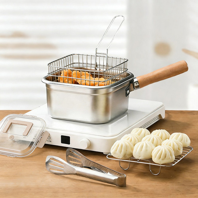 SMABAT 2 in 1 다용도 스텐 보관냄비 캠핑튀김기 스텐 밀폐용기 스텐 편수 냄비세트 튀김바스켓 집게 포함, 1개, 6종세트