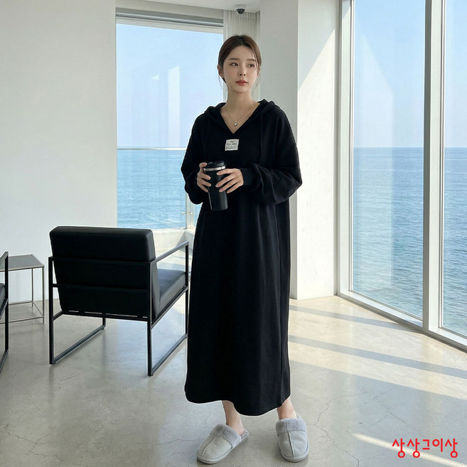 상상그이상 여성용 국내제작 라벨후드 패치포인트 빅사이즈 후드롱 원피스 마실룩 편하게 입는 원피스