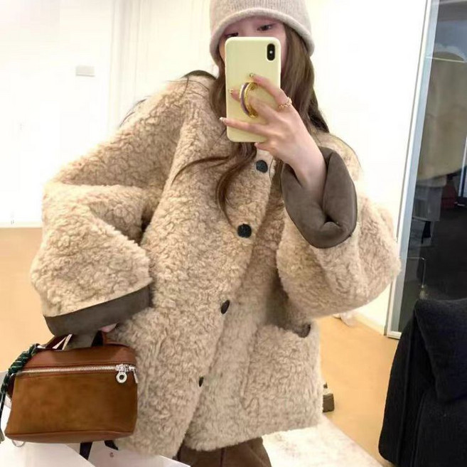 慵懶風環保羊羔毛外套 女款秋冬季短版寬鬆加厚外套 皮毛一體休閒上衣