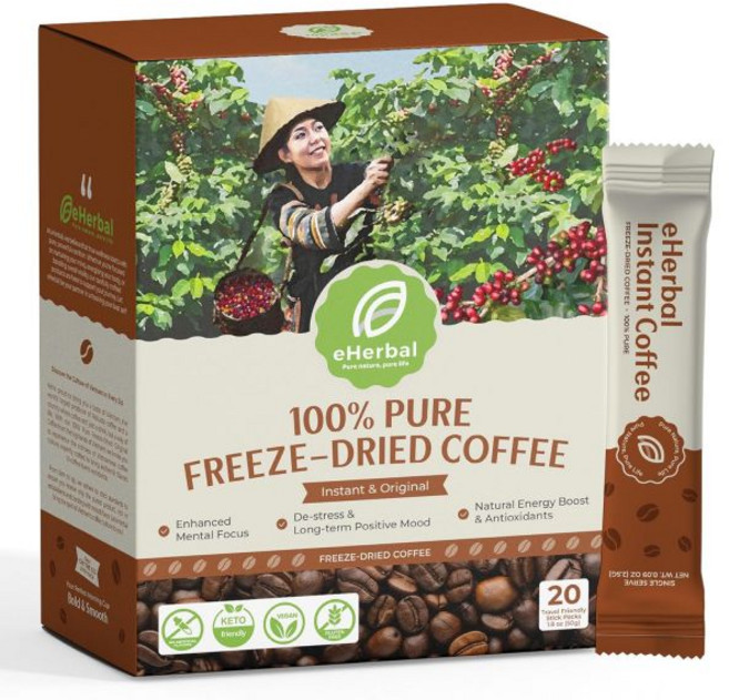 홈카페 커피 선물용 원두 가정용 에허벌 100% 동결 건조 인스턴트 파우더 콜드 브루 20팩 | 부드럽고 대담 베트남 로부스타 비 GMO 비건 케토 친화적 저산(2.5g/스틱), 에허벌 100% 순수 동결 건조 인스턴트 커피 파우더, 50g, 1개