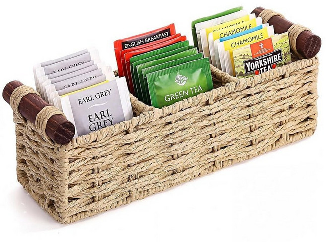 Ferrochef Woven Wicker Tea Bag Organizer 3 Compartment Handwoven Tea Bag Holder Containers with W, Original