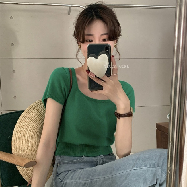 《杜達女孩》方領雲朵針織小衫 包心紗 女 氣質上衣 薄針織短袖