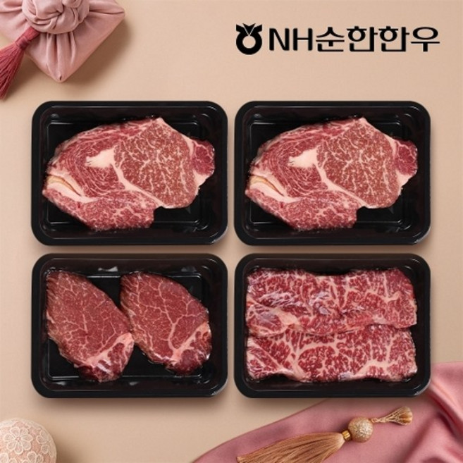 기타 [NH순한한우] 1++(9)등급 한우 구이 선물세트 2호 1.2kg (등심/등심/안심/채끝), 1박스