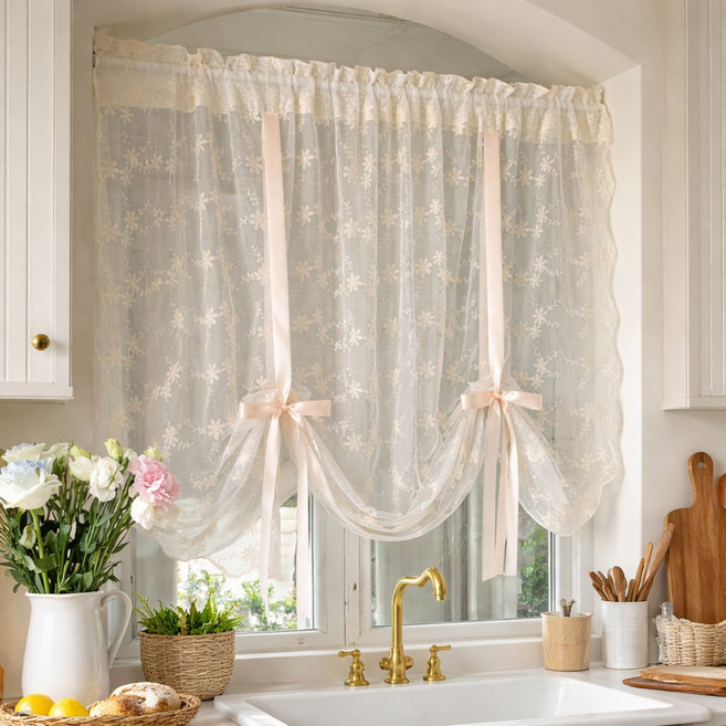 러빙랩 세리엘 플라워 자수 레이스 리본 시어 커튼 거실 인테리어 커튼 125x180