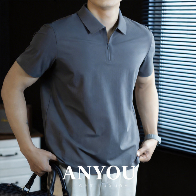 남성용 하프집업 카라 티셔츠 여름 아이스 쿨 텐션 반팔 상의