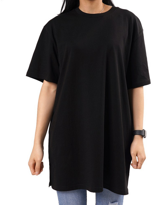 [큐티팝] +10cm / 면100% 여성 루즈핏 롱 레이어드 트임 반팔 티셔츠 롱 티