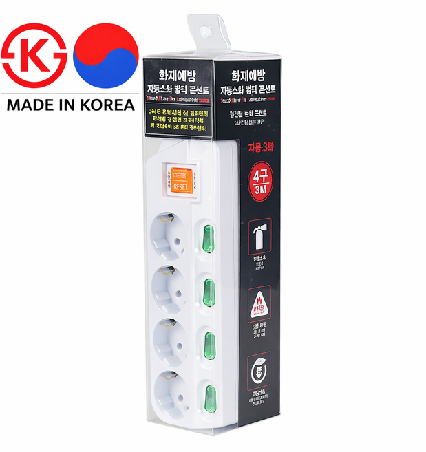 JS엠택 개별스위치 4구 멀티탭 화재방지 자동소화 안전 멀티콘센트, 화이트, 1개, 3m
