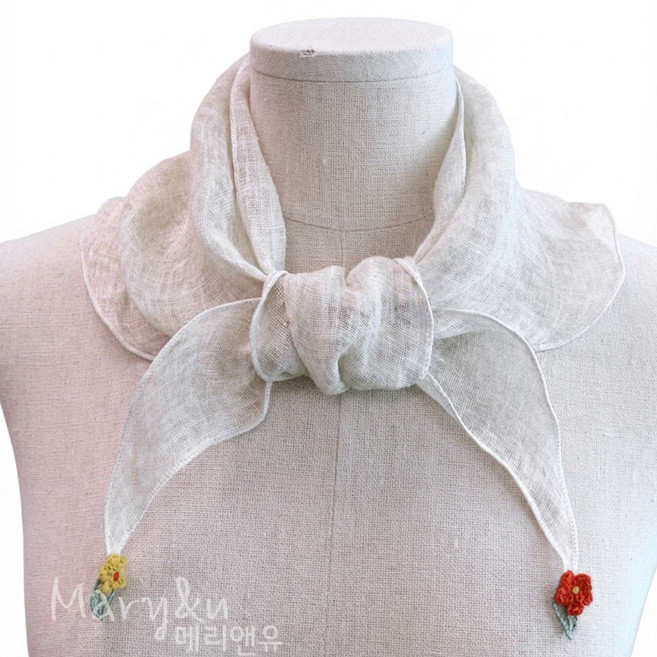 메리앤유 꽃방울 미니 삼각 쁘띠 여름 린넨 스카프 국내산