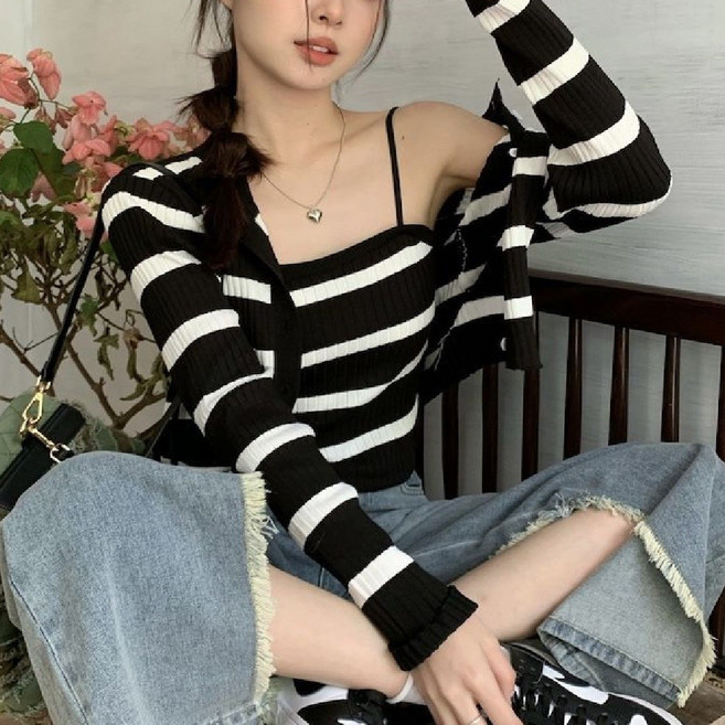 마리하우스 스트라이프 나시+가디건 세트 투피스