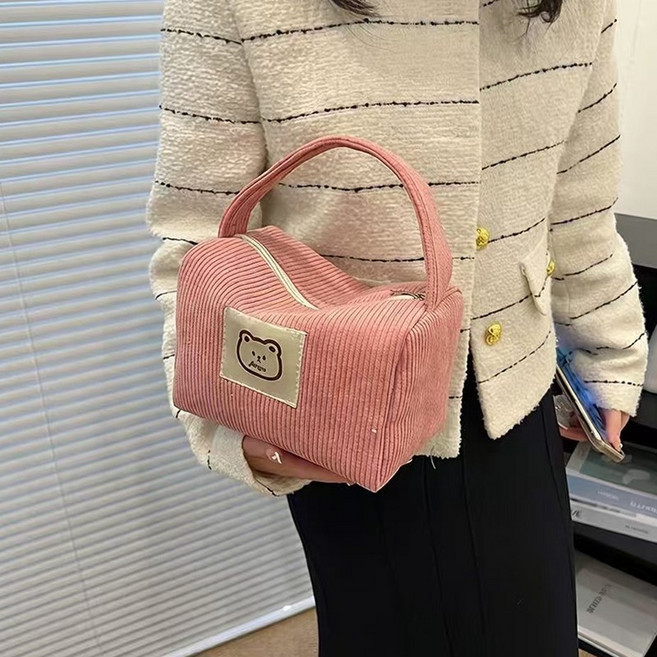 Mikan moe 코듀로이 도시락백 여성용 다용도 곰돌이 핸드백 여행용 화장품 파우치 런치백 대학생가방 여성가방