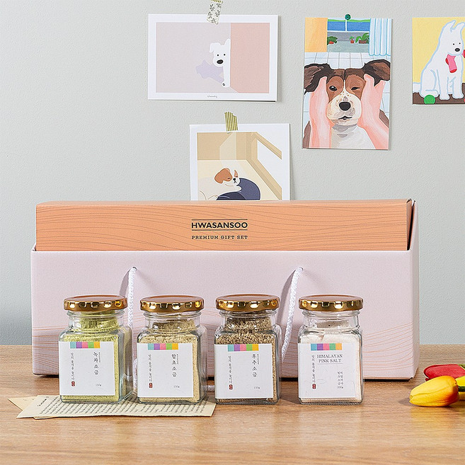 프리미엄 소금 4종 선물세트 핑크 함초 녹차 후추 소금, 4개, 150g