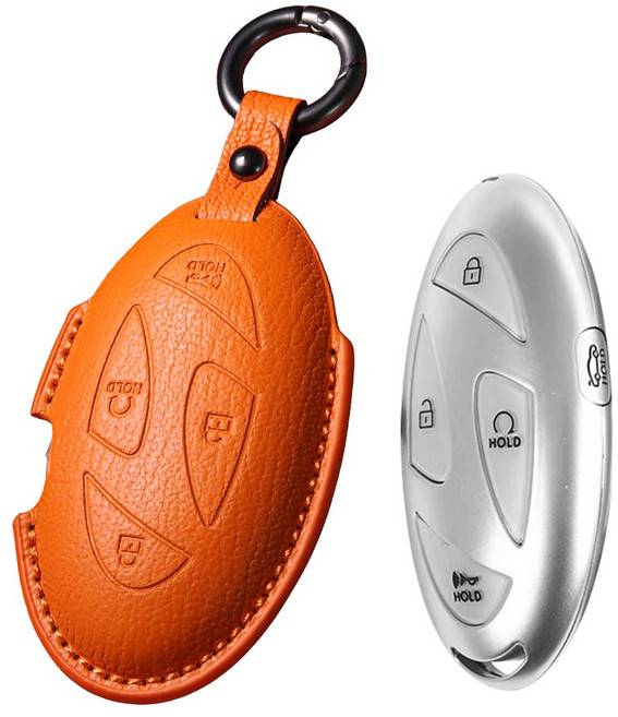 프리미엄 고급 산양가죽 스마트키케이스 키홀더 키커버 현대 호환/그랜저 GN7/쏘나타 DN8/아반떼 CN7/아이오닉5 6 /싼타페 MX5/투싼/코나/팰리세이드 LX3/스타리아, 5버튼, 오렌지