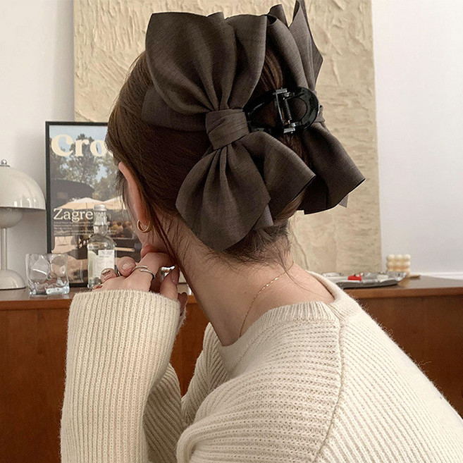 대형 리본헤어집게 브라운 볼륨 왕리본 올림머리 집게핀