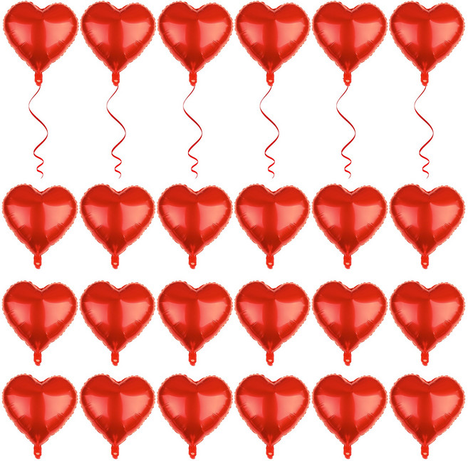발렌타인데이 생일 파티 하트 은박풍선 45cm 빨간 리본 2개 포함하트 풍선 웨딩 파티 장식 이벤트 장식용 풍선, 24개, 빨간색