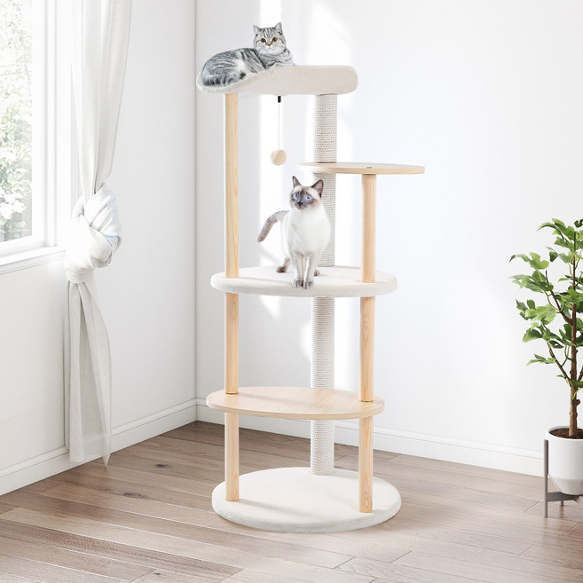 PAWZ Road 4단 모던 심플 고양이 우드 트리타워 원목 캣타워 스크래쳐 기둥 + 전망대 + 카펫, 1개, 베이지