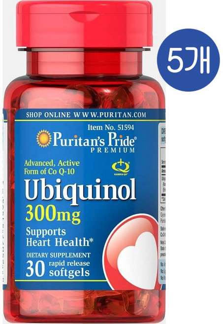 퓨리탄스프라이드 유비퀴놀 300mg 코큐텐 소프트젤 Puritans Pride Ubiquinol, 알약/캡슐, 30정, 5개