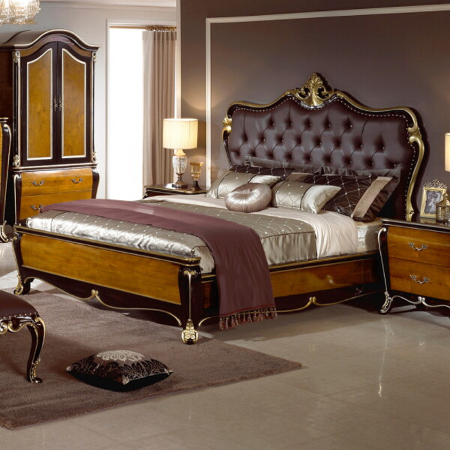 유캐슬 벤티 엔틱 원목 가죽 퀸침대 B타입