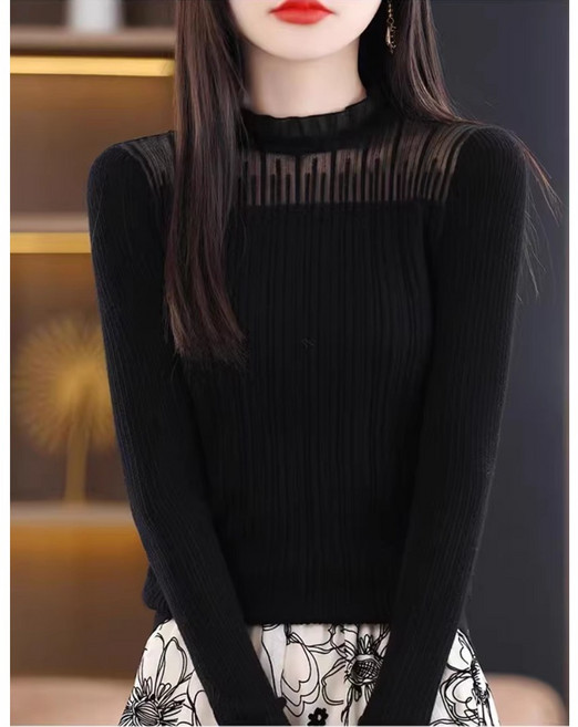 셀리즈로 봄 가을 반하이넥 이너 트리밍 레이스 패치 긴팔 고급 티셔츠