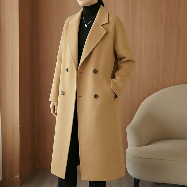 스타일아유 양모 100% 여성 테일러드 카라 더블 버튼 겨울 패션 고급스러운 중간 기장 코트 편안한 보온 출퇴근 데일리 오피스룩 아우터 LC0097