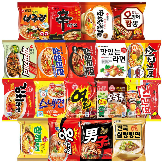 봉지라면18종(신라면 너구리 안성탕면 오징어짬뽕 짜파게티 삼양라면 삼양라면매운맛 맛있는라면 쇠고기면 김치라면 스낵면 열라면 오동통면 진라면 참깨라면 왕뚜껑 남자라면 진국설렁탕면), 1세트