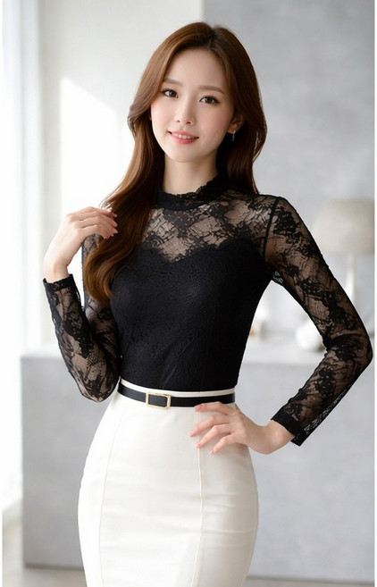 디한스 레이스 블라우스 섹시한 긴팔 티셔츠