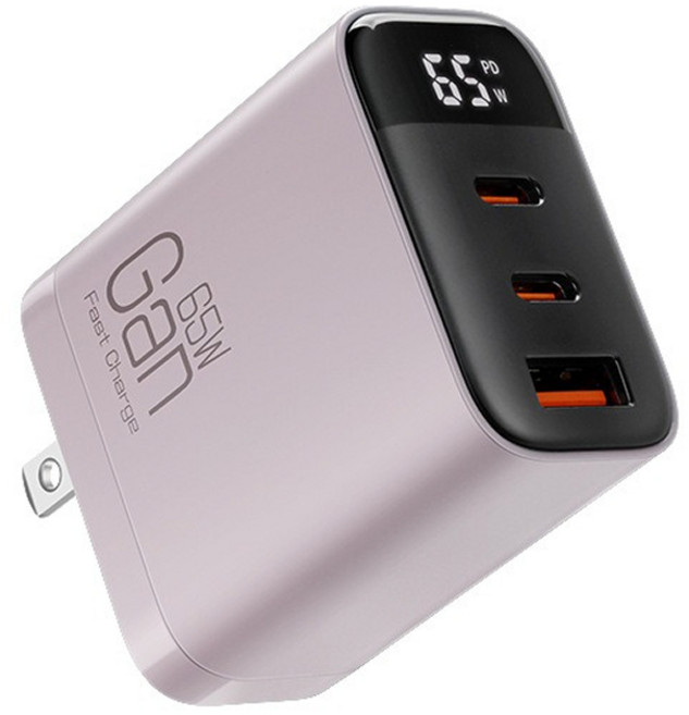 65W GaN氮化鎵 充電頭 液晶顯示 三孔快充, 粉色, 1個