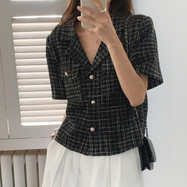 트위드 반팔 여성 자켓 여름 진주 단추 데일리 숏 아우터