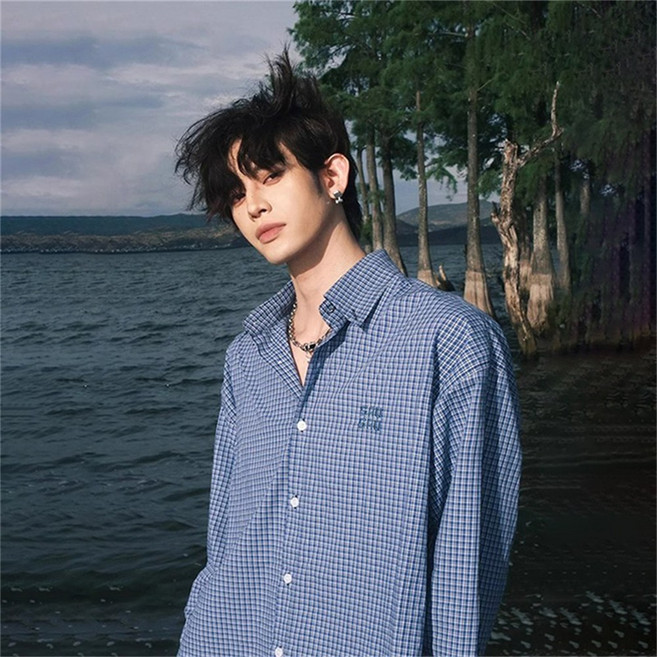 Vezri 남성용 봄 가을 캐주얼 루즈 핏 체크무늬 긴팔 셔츠 면