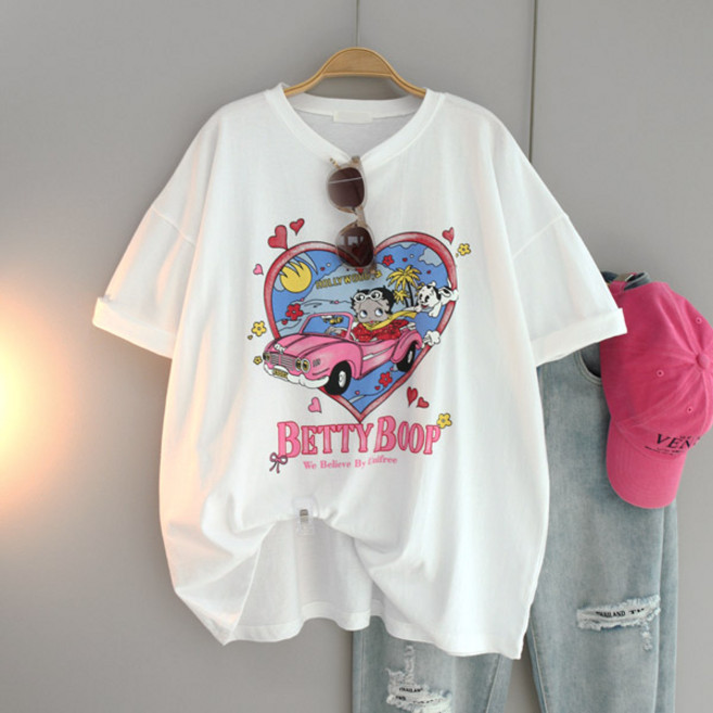 달콩 여성 빅사이즈 캐주얼 오버핏 라운드 할리우드프린팅박스반팔티