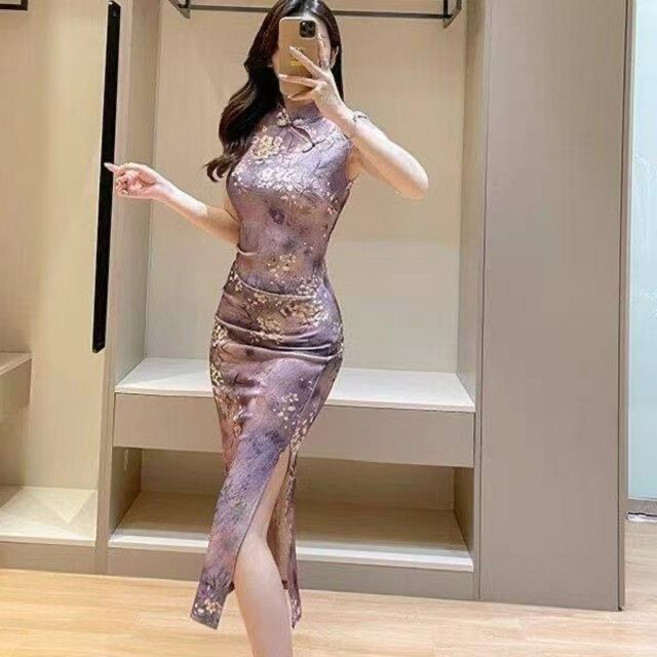 女士旗袍 中式風改良旗袍裙裝 復古印花修身開叉連衣裙, 紫色,L [50-57公斤], 紫色