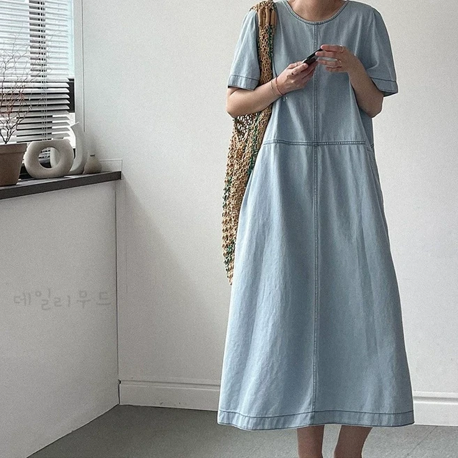 2위 - 데일리무드 여성 데님 무지 롱원피스 빅포켓 루즈핏 데일리룩