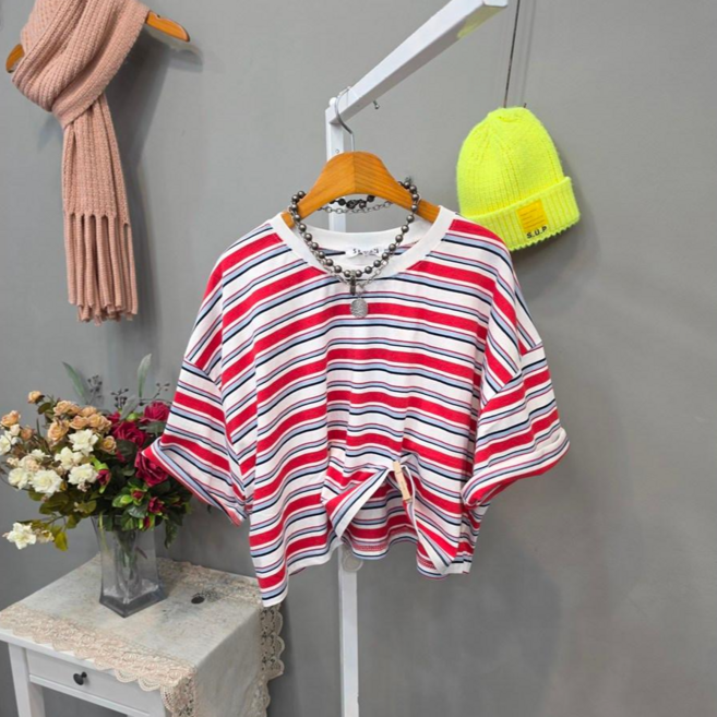 러키 루즈핏 단가라 크롭 반팔티