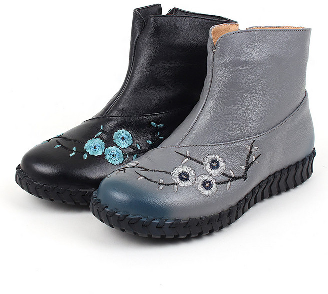 J플로어 여성 천연가죽 꽃신 겨울 부츠 한복 전통 신발 따뜻한 기모 안감 플라워 자수 발편한 컴포트화
