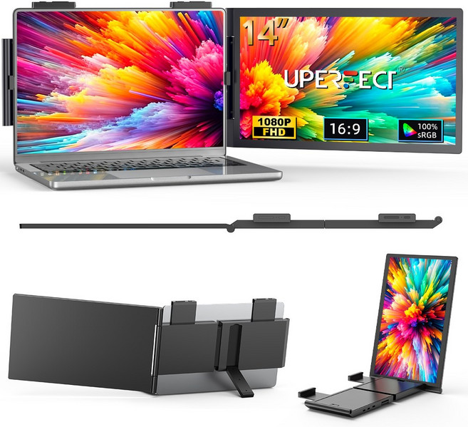 UPERFECT 14인치 FHD 노트북 듀얼 스크린 포터블 모니터 IPS 업무용 노트북 화면 확장기, 블랙, 35.5cm