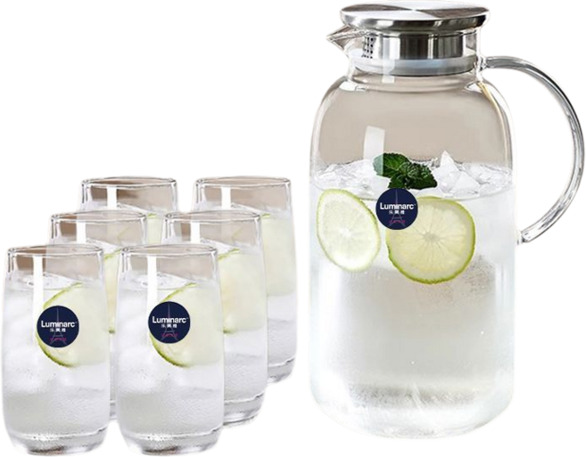 Luminarc 樂美雅 大容量耐高溫冷水壺 德國工藝, 1個, 1L, 【一壺六杯】沁涼壺1800ML+葡萄園杯*6