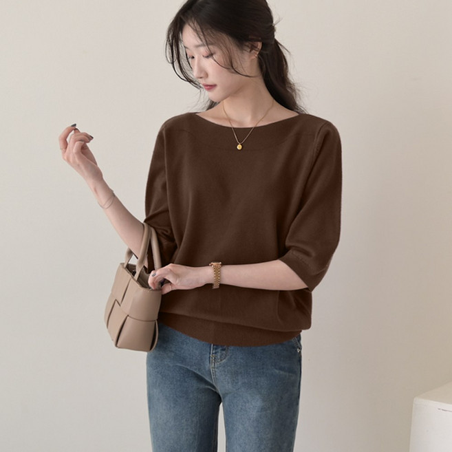 데일리앤 쥬엘 여성 퍼프 5부 반팔 7부 보트넥 입술넥 가을 루즈핏 니트 티셔츠 기본 무지 간절기 데일리 이너 니트티