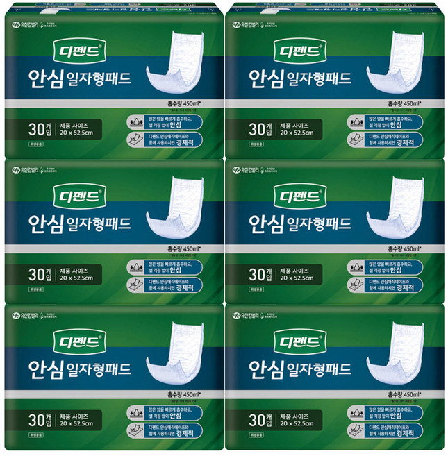디펜드 남녀공용 안심 일자형 패드 성인기저귀, 30개입, 6개