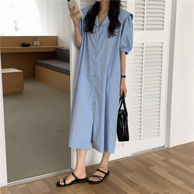 여성 데일리 세일러 카라 원피스 빅사이즈 하객룩 드레스 롱원피스 퍼프소매 루즈핏 임부복 버튼원피스 반팔원피스