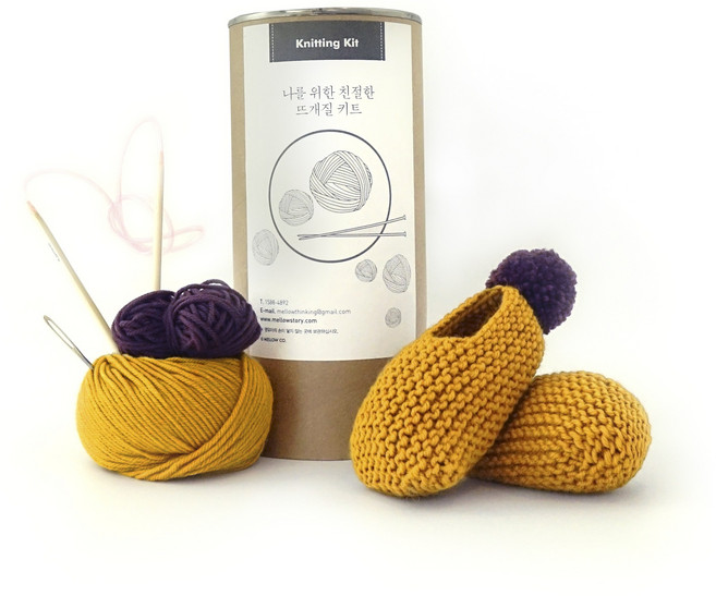신생아 폼폼 동글 덧신 - Knitting Kit, 머스타드/그레이프, 1개