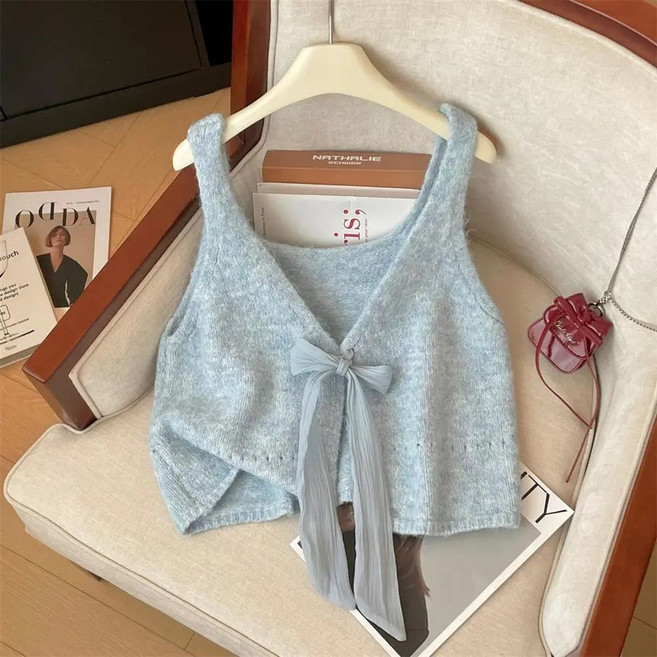 여성 뷔스티에 니트 조끼 혼방 브이넥 니트 조끼 리본 디테일 레이어드 패션 YLP